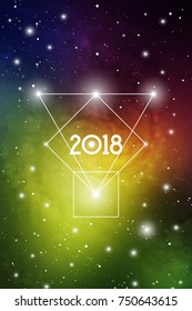 Cosmic Astrological New Year 2018 Greeting Card or Calendar Cover with Interlocking Geometry Shapes Art and Golden Ratio Digits on Space Background.