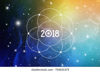 Cosmic Astrological New Year 2018 Greeting Card or Calendar Cover with Sacred Geometry Flower of Life Art and Golden Ratio Digits on Space Background.