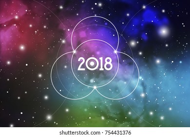 Cosmic Astrological New Year 2018 Greeting Card or Calendar Cover with Sacred Geometry Flower of Life Art and Golden Ratio Digits on Space Background.