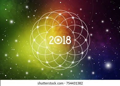 Cosmic Astrological New Year 2018 Greeting Card or Calendar Cover with Sacred Geometry Flower of Life Art and Golden Ratio Digits on Space Background.