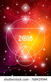 Cosmic Astrological New Year 2018 Greeting Card or Calendar Cover with Interlocking Geometry Shapes Art and Golden Ratio Digits on Space Background.