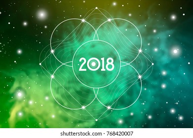 Cosmic Astrological New Year 2018 Greeting Card or Calendar Cover with Flower of Life Sacred Geometry Art and Golden Ratio Digits on Space Background.