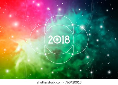 Cosmic Astrological New Year 2018 Greeting Card or Calendar Cover with Flower of Life Sacred Geometry Art and Golden Ratio Digits on Space Background.