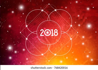 Cosmic Astrological New Year 2018 Greeting Card or Calendar Cover with Flower of Life Sacred Geometry Art and Golden Ratio Digits on Space Background.