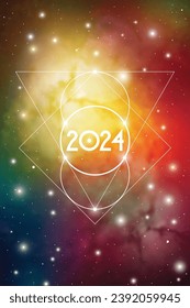 Cosmic Astrological New Year 2024 Greeting Card or Calendar Cover with Sacred Geometry Flower of Life Art and Golden Ratio Digits on Space Background.