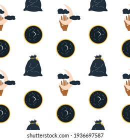 Patrón cósmico, astrológico sin fisuras con estrellas, media luna y mano. Ilustración vectorial en estilo plano para impresión.