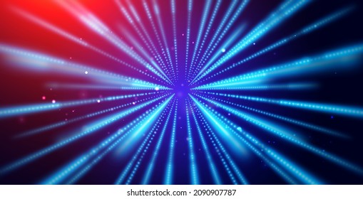 Cosmic background with acceleration of the speed light. Glowing neon lines to infinity. Zoom effect and warp speed illustration.