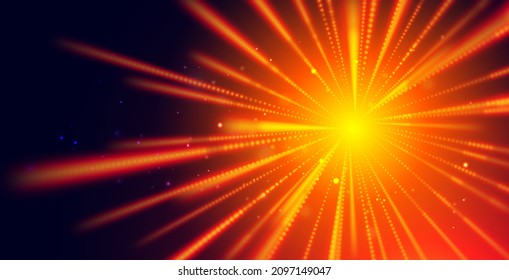 Cosmic background with acceleration of the speed light. Glowing neon lines to infinity. Zoom effect and warp speed illustration.