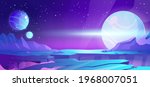 Cosmic background, alien planet deserted landscape with mountains, rocks, deep cleft and stars shine in space. Extraterrestrial computer game backdrop, parallax effect cartoon vector illustration