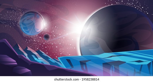 Cosmic background, alien planet deserted landscape with mountains, rocks, deep cleft and stars shine in space. Extraterrestrial computer game backdrop, parallax effect cartoon vector illustration