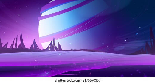 Cosmic background, alien planet deserted landscape with purple mountains, rocks, stars shine in deep space and huge sphere in sky. Extraterrestrial game scene, wallpaper, Cartoon vector illustration