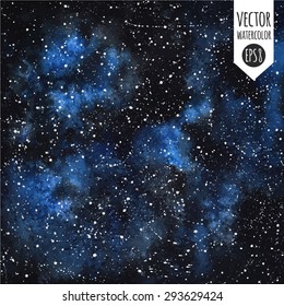 Cosmic background. Black watercolor with blue stains hand drawn vector night sky with stars. Splash texture.