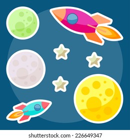 cosmic background with bright colored planets and spaceships in open space