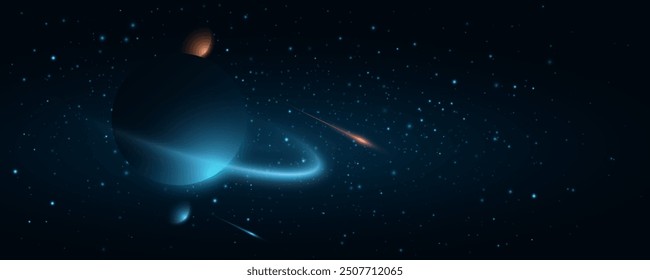 Cosmic background with colorful planets against the glowing stars. Abstract universe cover design. Starry night sky with fallen star. Deep cosmos. Black outer space. Vector illustration. EPS 10.