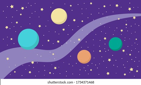 Cosmic background with colorful planets, stars and milk way. Vector illustration in flat style with isolated layers for animation, motion design, desktop, presentation, web page or app.