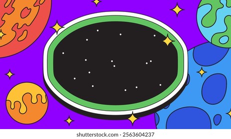 Cosmic background with colorful planets and stars in a bold cartoon retro vintage hand drawn style background illustration