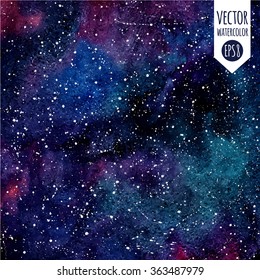 Cosmic background. Colorful vector watercolor galaxy or night sky with stars. Hand drawn cosmos illustration with blobs texture.  Black, emerald, violet watercolour stains. Stars are removable.