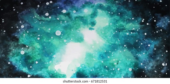 Cosmic background. Colorful watercolor galaxy or night sky with stars. Hand drawn cosmos illustration with blobs texture. Watercolor brush stroke with uneven edges.