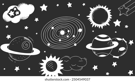 Cosmic background with contemporary doodle space elements. Vector horizontal banner. Solar system,  Saturn, stars, sun and planet. 