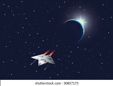 Cosmic background with the Earth and space fighter. Vector illustration.