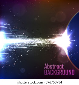 Cosmic background with a planet, energy flow and lightning. Template for business presentations with empty space for your text. Vector.