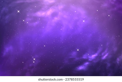 Cosmic background. Purple nebula with magic light. Fantasy outer space with shining stars. Stardust galactic. Color nebula wallpaper. Bright violet clouds. Vector illustration.