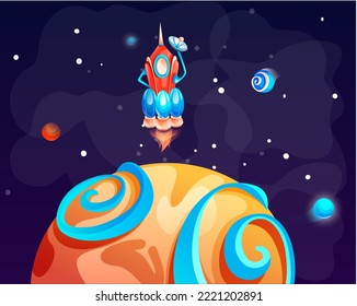 Cosmic background with rocket in dark space, alien planet deserted landscape with mountains, rocks, deep craters and stars shine in space. Extraterrestrial computer game backdrop with spaceship