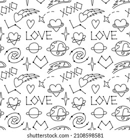 Cosmic background. Seamless doodle-style pattern. Love contour illustrations with a planet, a star,a constellation. Print sample for fabric, wallpaper