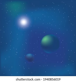 Cosmic background with shining star and planets. Gradient mesh vector illustration.