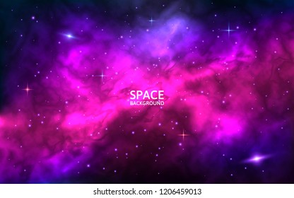 Cosmic background. Space backdrop with bright stars, stardust and nebula. Realistic cosmos with colorful galaxy. Color milky way. Vector illustration.