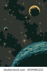 Cosmic Background for Space Illustrations, Posters, Covers. Planetary Surface with Craterrs, Unknown Planets, Stars, Nebulas 