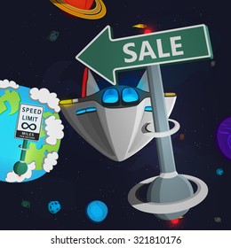 Cosmic background with the space ship. Sales promotion.