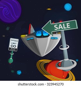 Cosmic background with the space ship. Sales promotion.