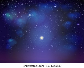cosmic background of the starry sky with nebulae of galaxies. blue black green turquoise soft color transition. bright star is the planet with the glow