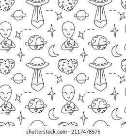 Cosmic background. UFO, alien in love seamless pattern in doodle style. Children's contour illustrations with Flying Saucers. Print sample for fabric, wallpaper