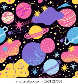 Cosmic background vector. Childish seamless pattern with planets, stars and asteroids. Vector childish pattern for fabric, textile, nursery wallpaper,wrapping paper, packaging design, texture design. 