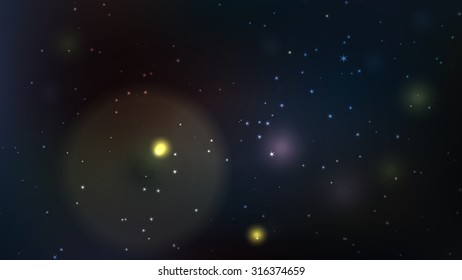 Cosmic background. Vector galactic backdrop. Stars and nebulae. Widescreen dark illustration.