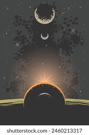 Cosmic Background. Vector Template for Space Posters, Illustrations, Covers. Planets, Stars. Planetary Surfaces with Craters. Dawn over the Planet
