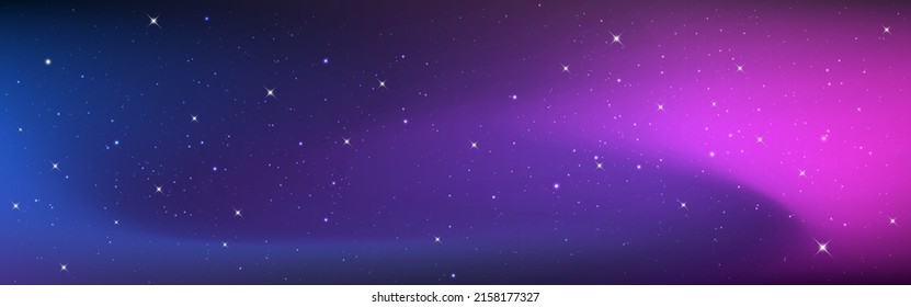 Cosmic background. White shining stars on wide backdrop. Purple starry texture with nebula. Colorful cosmos with galaxy and constellations. Beautiful milky way. Vector illustration.