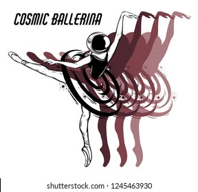 Cosmic ballerina. Vector hand drawn illustration of ballerina in space helmet isolated. Creative tattoo artwork. Template for card, poster, banner, print for t-shirt, pin, badge, patch.