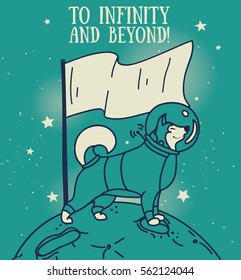 Cosmic banner, dog-astronaut with flag on planet, vector illustration