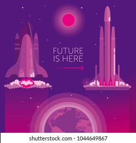 Cosmic banner for space transport evolution with space shuttles, can be used for space exploration program, vector illustration