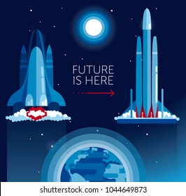 Cosmic banner for space transport evolution with space shuttles, can be used for space exploration program, vector illustration