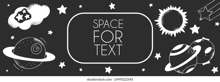 Cosmic banner template with copy space for text. Galaxy vector doodle horizontal background. 