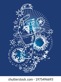 Cosmic banner "to the star" with hand, stars, comets and planets, can be used for tattoo, sketch style, vector illustration