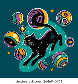 A cosmic black cat leaps amid vibrant, abstract orbs and stars on a dark teal background with a whimsical, magical atmosphere. Ideal for T-shirts, posters, book covers, digital art