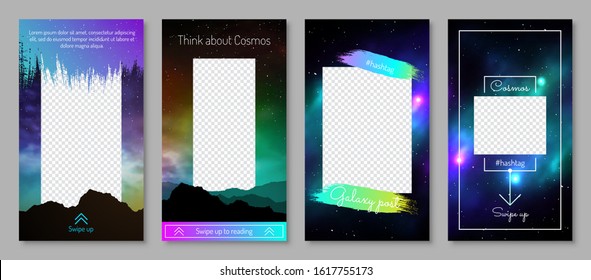 Cosmic blog post design with swipe up. Mystic colorful deep space background with frame for text. Night sky with mountains silhouette vector illustration. UI UX design set for mobile application.