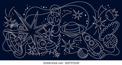 Cosmic border. Stars planets galaxies, alien spaceships . Vector illustration.