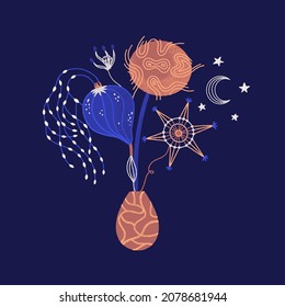 Cosmic bouquet of mysterious witch night flowers. Floral design with magic plants in blue and brown colors. Hand drawn style. Cover, card, print on clothes, poster. Vector illustration