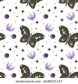 Borboleta cósmica e padrão de lua celeste com estrelas e luas.